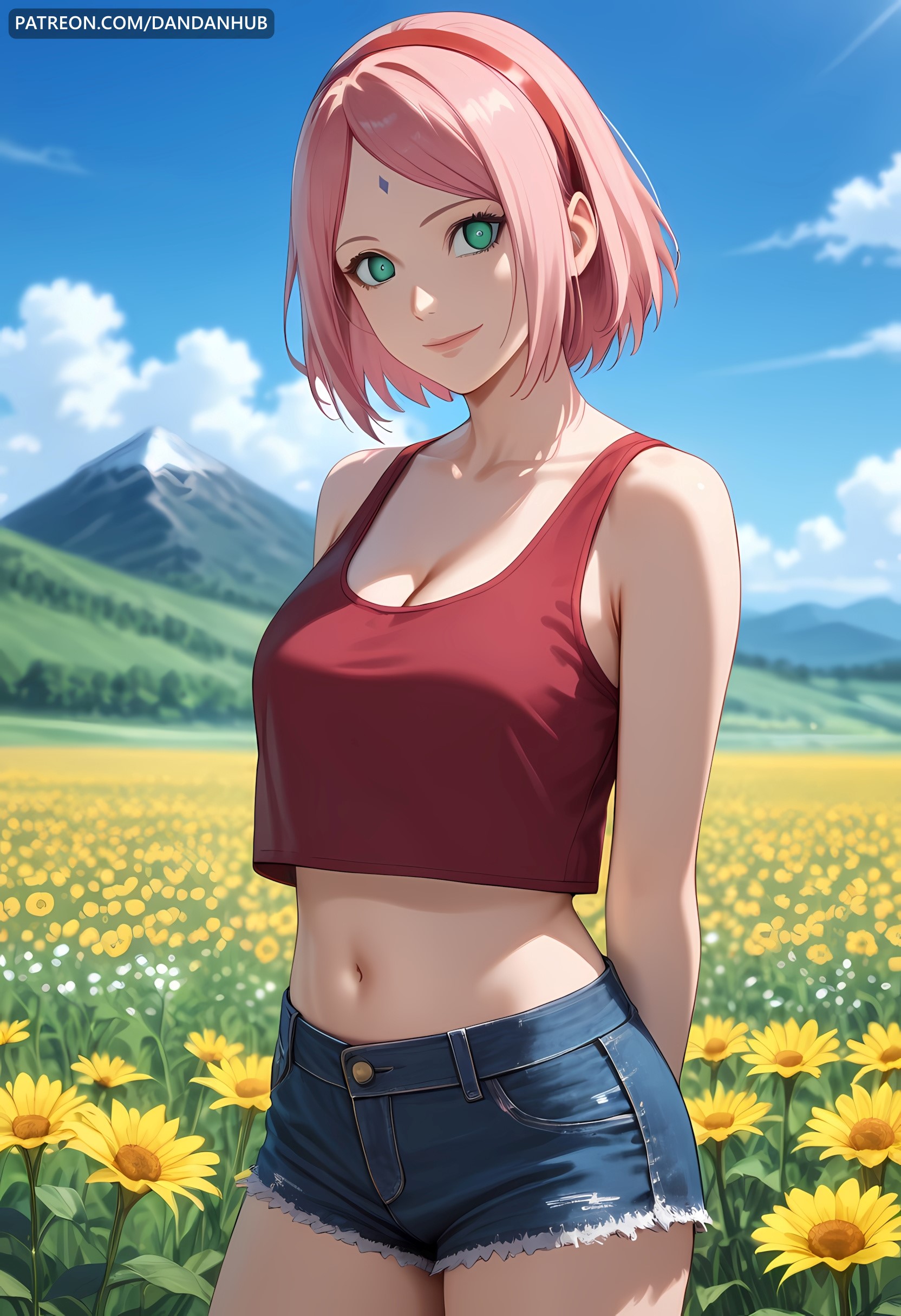 ai generated, arms behind back, bangs, bare arms, bare shoulders, blue shorts, blue sky, blurry, blurry background, boruto: naruto next generations, breasts, cleavage, closed mouth, cloud, collarbone, crop top, cutoffs, dandanhub, day, denim, denim shorts, facial mark, female, female only, field, flower, flower field, forehead mark, green eyes, hairband, large breasts, looking at viewer, medium breasts, midriff, mountain, mountainous horizon, naruto, naruto (series), naruto shippuden, navel, outdoors, parted bangs, pink hair, red hairband, sakura haruno, shirt, short hair, short shorts, shorts, sky, sleeveless, smile, solo, standing, stomach, sunflower, tank top, thighs, yellow flower