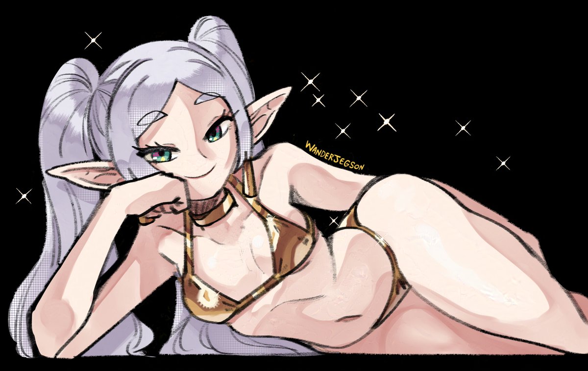 2025 bikini breasts choker clothing ear_piercing elf eyebrows eyelashes female frieren gold_bikini golden_week green_eyes hair humanoid humanoid_pointy_ears jewelry lying necklace not_furry on_side piercing pointy_ears small_breasts smile solo sousou_no_frieren swimwear twintails_(hairstyle) two-piece_swimsuit wanderjegson white_hair