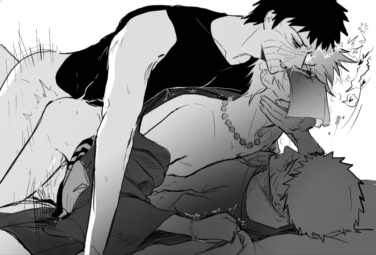 gay, hatake kakashi, kakashi hatake, male, male only, male penetrated, male penetrating male, male/male/male, naruto, naruto (series), on bed, threesome, uchiha obito, uzumaki naruto, yaoi
