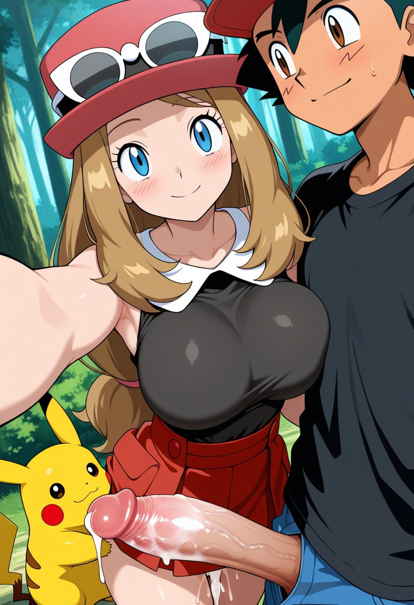 1boy 1boy1girl 1girl1boy 1girls 2025 2025s 2d 2d_(artwork) after_sex after_vaginal ai_generated alternate_breast_size big_breasts black_hair black_shirt blonde_female blonde_hair blonde_hair blush blush_lines breasts clothed clothed_female clothing cum ejaculation female forest forest_background hat jeans light-skinned_female light-skinned_male light_skin long_hair looking_at_another looking_at_partner looking_at_viewer nai_diffusion nature nintendo penis pikachu pokemon pokemon_(species) pokemon_xy red_skirt satoshi_(pokemon) selfie serena_(pokemon) shirt short_hair skirt smile stable_diffusion standing sunglasses sunglasses_on_hat video_game_character