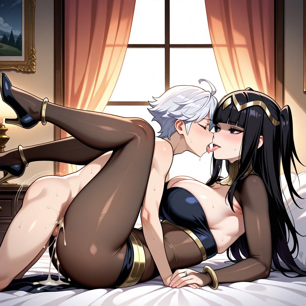 age difference, aged down, ai generated, cum, female, fire emblem, french kiss, larger female, male, male on top, older female and younger male, robin (fire emblem) (male), smaller male, tharja (fire emblem), younger male