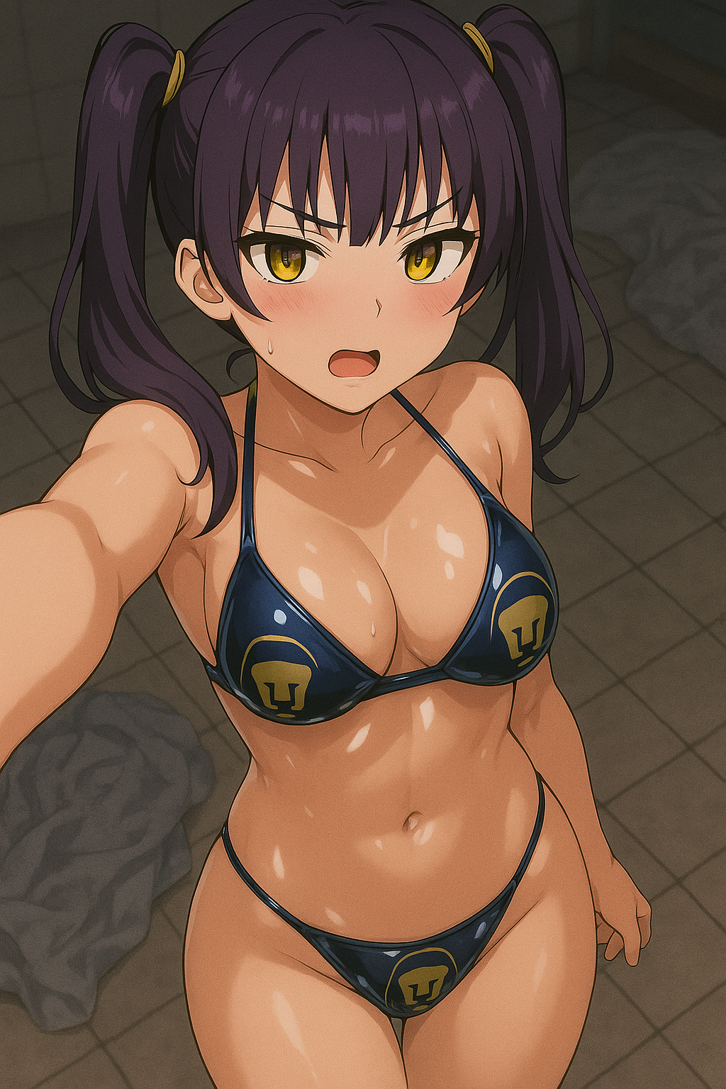 ai generated, angry, background, belly, big breasts, bikini, blush, breasts, dark hair, enen no shouboutai, female, fire force, kotatsu tamaki, latex, latex bikini, latex bikini top, looking at viewer, mexican soccer, navel, open mouth, pumas, shiny clothes, shiny skin, twintails, wallpaper, yellow eyes