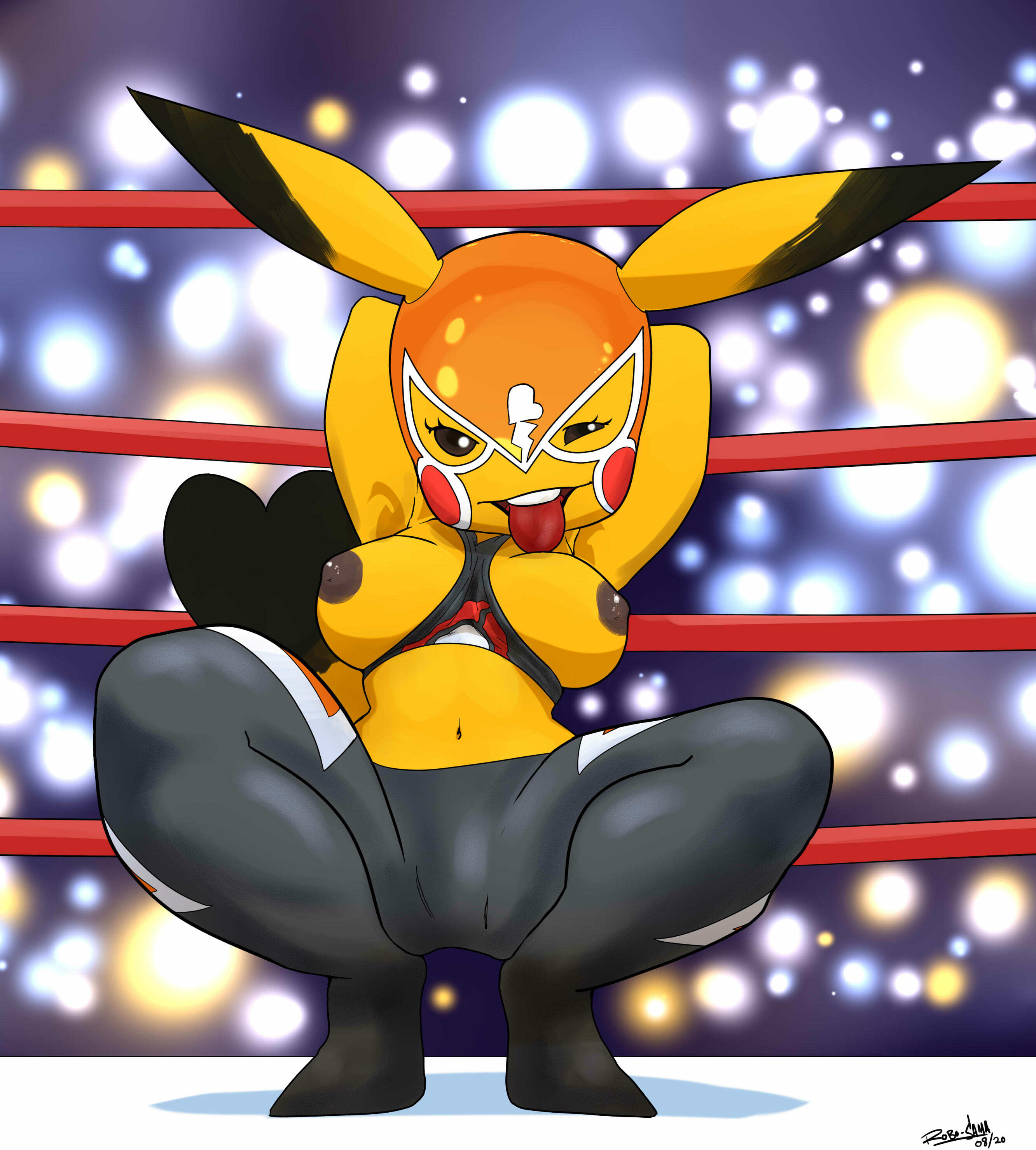 absurd res, anthro, areola, big breasts, black areola, black nipples, breasts, clothing, cosplay pikachu, cosplay pikachu (costume), crouching, ctankomega, exposed breasts, female, fighting ring, furry, generation 1 pokemon, hands behind head, hi res, nintendo, nipples, pikachu, pikachu libre, pokemon, pokemon (species), pokemorph, solo, spread legs, spreading, tongue, tongue out