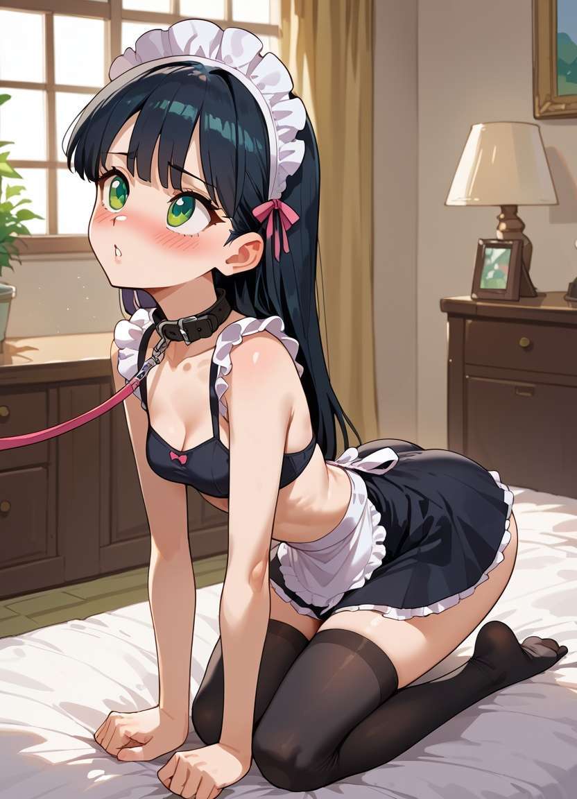 ai_assisted ai_generated_background all_fours bed bedroom black_hair blush collar female female_only femsub green_eyes kneeling leash long_hair looking_at_partner looking_up maid_headdress maid_uniform oc pale_skin petite_body petite_female petplay skinny small_breasts straight_hair submissive submissive_female tagme thighhighs thighs virgin