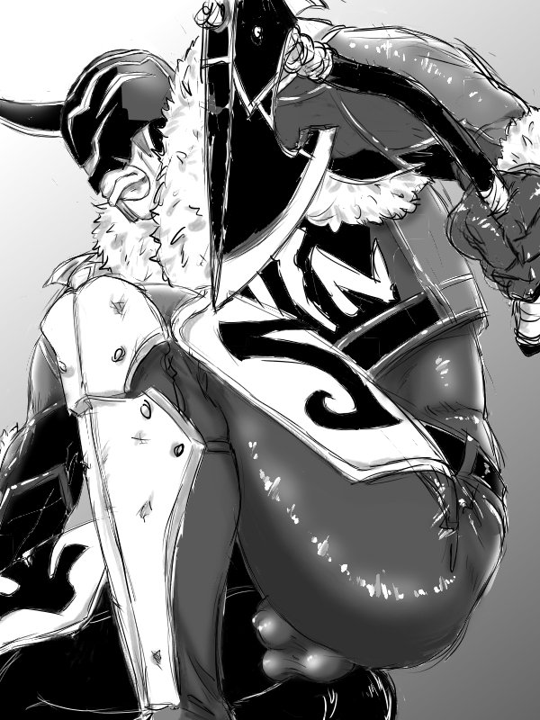 1_horn 1boy armor armored_male axe balls balls_visible_through_clothing balls_visible_through_thighs ballsack bear bodysuit eyeless eyeless_male fur_clothing genitalia genitals holding_axe holding_weapon imagin kamen_rider kamen_rider_den-o_(series) kintaros male male_focus male_only monochrome monster monster_boy muscles muscular muscular_male penis penis_visible_through_clothing side_view solo thick_thighs thighs uoknihs vest weapon