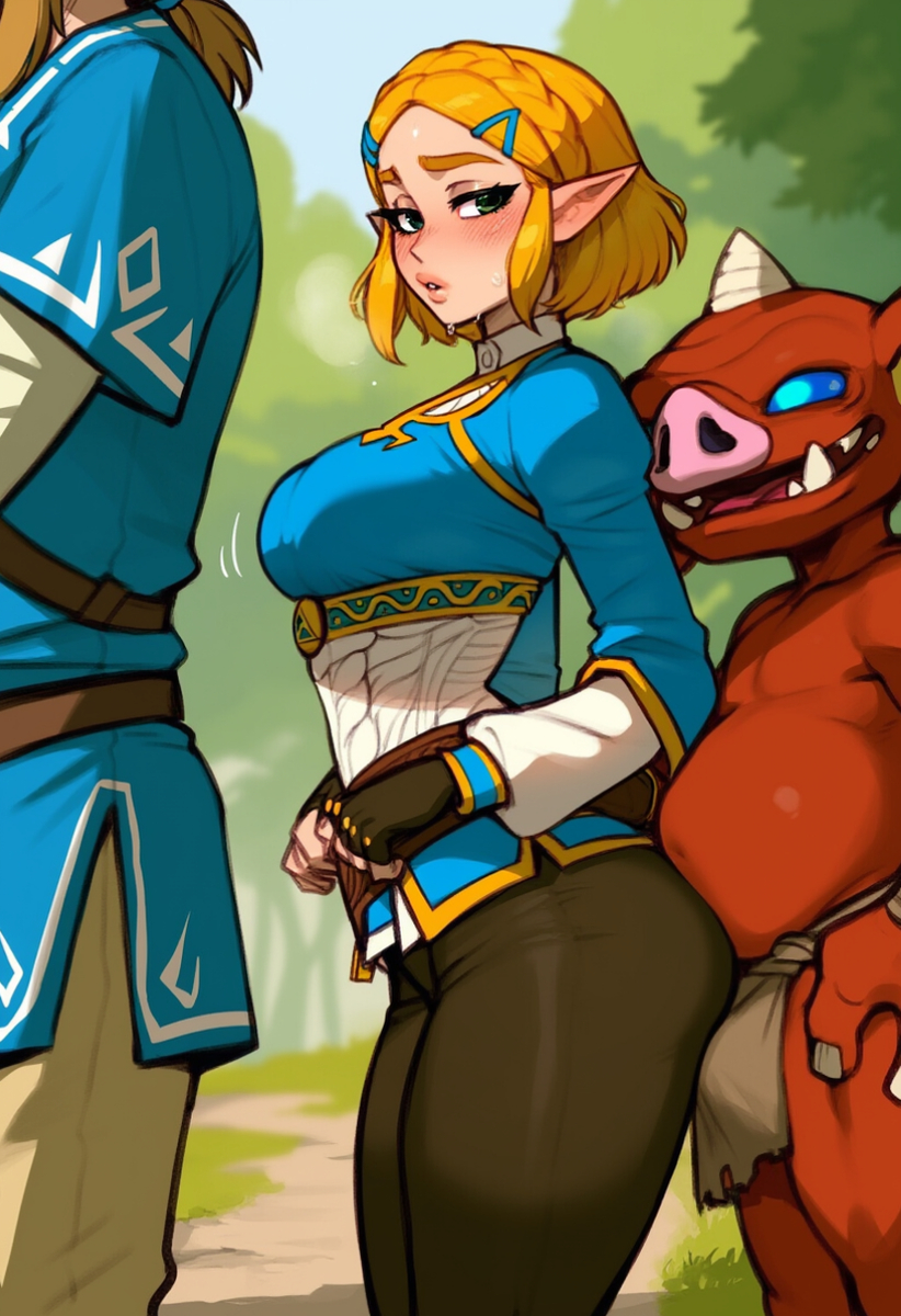 1girls, 2025, 2boys, 2d, after rape, ai generated, bad end, blonde hair, blush, bokoblin, fantasy, female, goblin, goblin male, implied imminent sex, interracial, interspecies, link, male, monster, pointy ears, princess zelda, red body, red skin, tears of the kingdom, the legend of zelda, yumerush, zelda (tears of the kingdom)