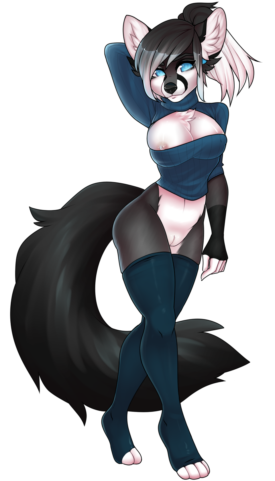 2015 alpha_channel anthro areola blue_eyes breasts canine chest_tuft cleavage clitoris clothed clothing female fur grey_fur grey_hair hair half-closed_eyes legwear looking_at_viewer mammal multicolored_hair nipples okka pussy simple_background skimpy smile solo standing thigh_highs transparent_background tuft two_tone_hair