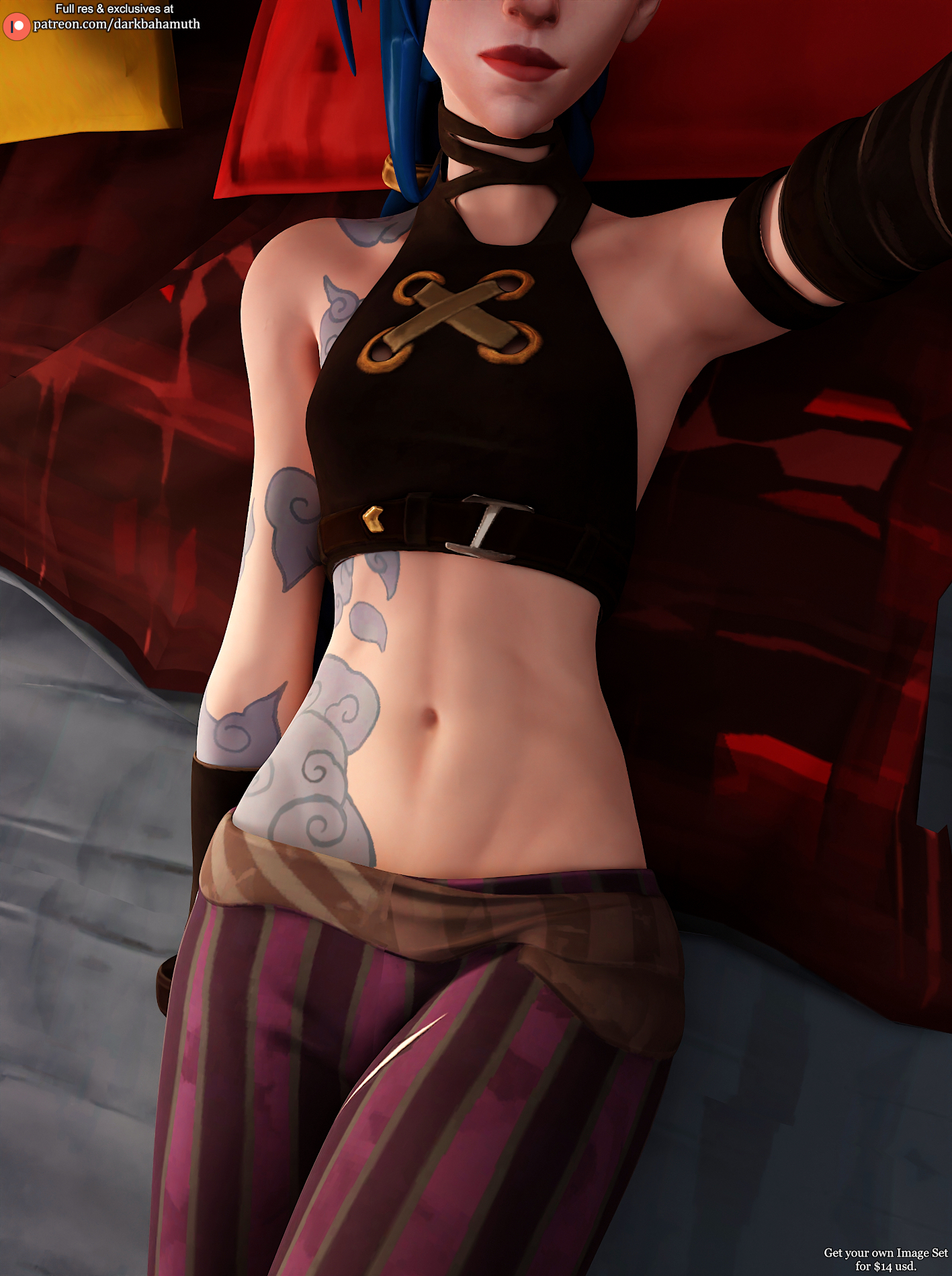 1girls, 3d, 3d (artwork), arcane, arcane jinx, belly, blue hair, clothed, darkbahamuth, female, female focus, female only, fortnite, jinx (league of legends), league of legends, midriff, petite, pinup, riot games, sfw, skinny, slender body, slender legs, slender waist, slim, slim waist, solo, solo female, solo focus, teenage female, teenager, tummy, young, younger female