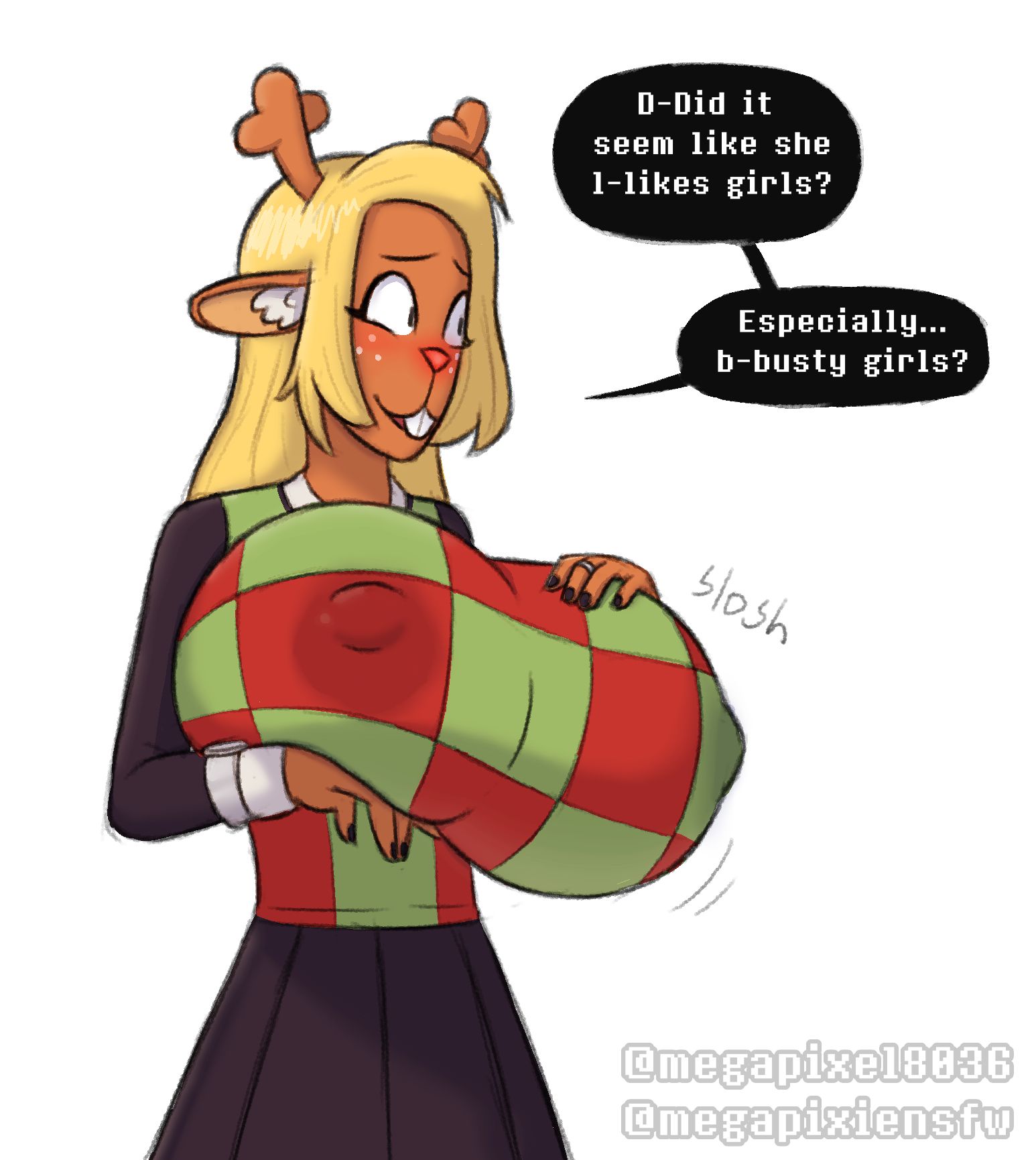 1girls, alternate breast size, anthro, antlers, blonde hair, blush, breasts, breasts bigger than head, buckteeth, christmas outfit, christmas sweater, covered nipples, deer, deer girl, deltarune, dialogue, female, fully clothed, fur, furry, huge breasts, hyper breasts, lactation, lactation through clothes, megapixel8036, megapixie, no background, noelle holiday, onomatopoeia, orange fur, red nose, reindeer, slosh, sloshing breasts, solo, sound effects