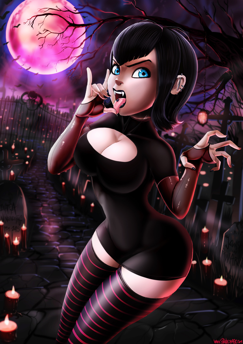 1girls, ass in dress, black hair, blood moon, blue eyes, breasts, bridal gauntlets, cleavage, cleavage cutout, dress, ear piercing, eyeliner, fangs, female, female only, goth, hotel transylvania, large breasts, licking, lipstick, mavis dracula, nail polish, open mouth, piercing, shadman, short hair, solo, standing, thighhighs, tongue piercing, vampire