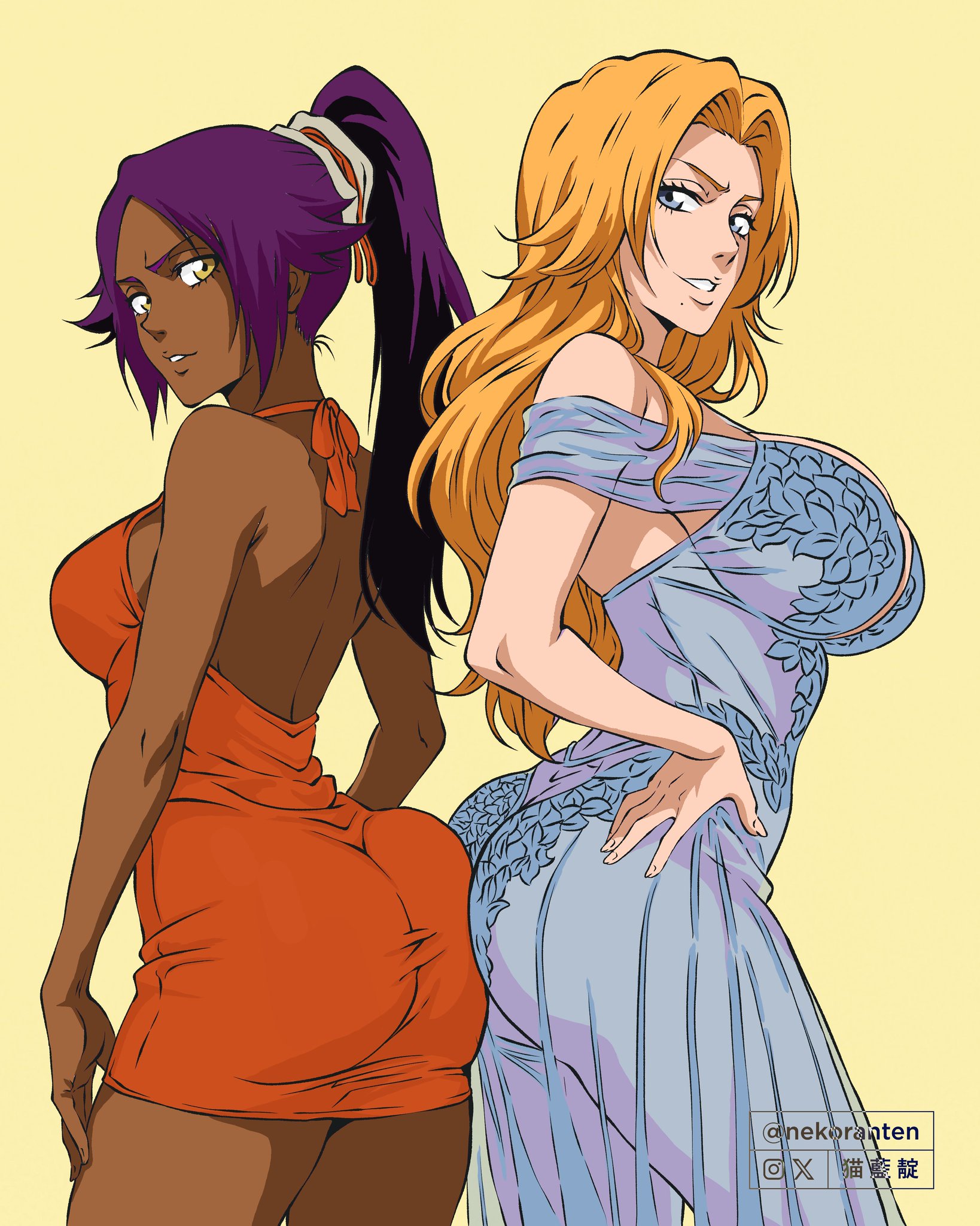 2girls, ass, ass press, ass to ass, big ass, big breasts, bleach, breasts, busty, chocolate and vanilla, color, colored, curvy, dark skin, dark-skinned female, dress, embroidery, fan colored, female, female only, light skin, light-skinned female, long hair, looking at viewer, looking back, matsumoto rangiku, mature female, nekoranten, orange hair, ponytail, purple hair, see through clothing, sheer, sheer clothing, shihouin yoruichi, skimpy, skimpy clothes, strawberry blonde hair, tight clothing, tight dress, voluptuous