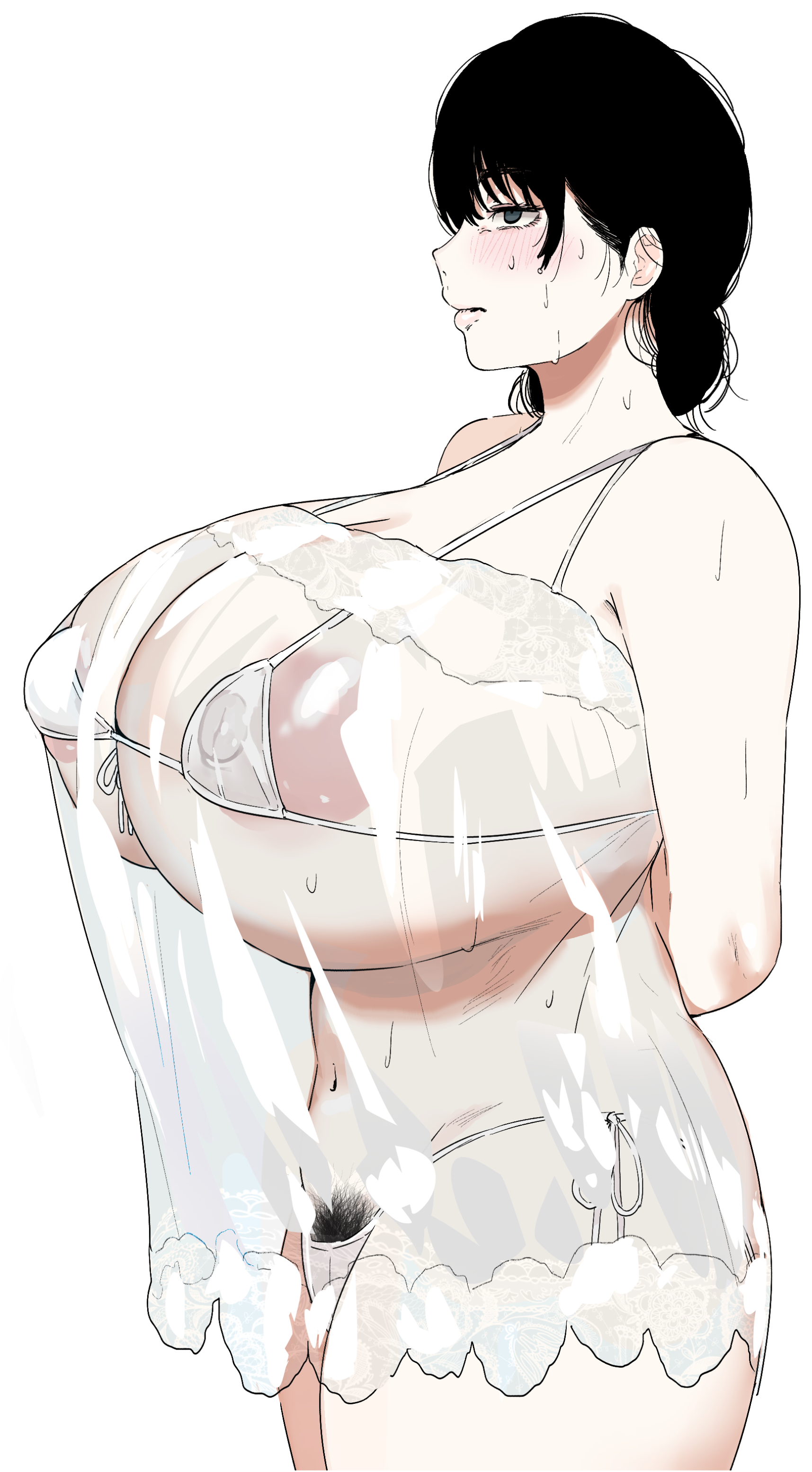 areola slip, areolae visible through clothing, big breasts, blush, chainsaw man, erect nipples, female pubic hair, hairy pussy, huge breasts, lingerie, lingerie panties, mitaka asa, nipples visible through clothing, pubic hair, pussy hair, tagme, unipiano