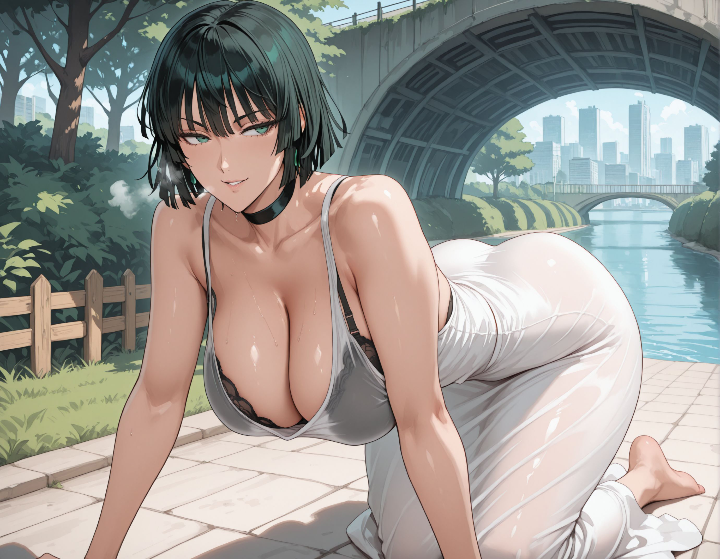 1girls, ai generated, alex schura, alex-schura, all fours, ass, bangs, bare shoulders, barefoot, black bra, black choker, black hair, blush, bra, breasts, bridge, building, choker, clavicle, cleavage, clothing, collarbone, curvaceous, curvaceous female, curvaceous figure, curvy, curvy figure, day, dress, exhibitionism, feet, female, female focus, female only, fubuki (one-punch man), grass, green eyes, green hair, hanging breasts, inviting, inviting to sex, jewelry, large breasts, looking at viewer, one-punch man, outdoor nudity, outdoors, outside, park, parted lips, presenting, presenting breasts, presenting hindquarters, presenting self, river, seductive, seductive look, seductive smile, see-through, see-through dress, short hair, sitting, sky, sleeveless, smile, solo, sweat, thighs, tree, underwear, voluptuous, voluptuous female, water, wet, white dress