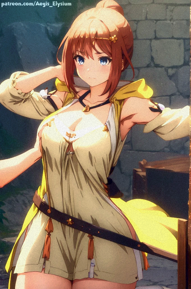 1boy 1girls aegis_elysium ai_art ai_generated atelier_(series) atelier_ryza bare_shoulders blue_eyes blush breasts brown_hair cleavage collar day dress female_focus gem gloves grabbing grabbing_breast grabbing_breasts hair_ornament hand_holding headpiece highres holding holding_breast holding_own_breasts huge_breasts jewelry koei_tecmo large_breasts looking_at_breasts navel outdoors patreon patreon_username ponytail reisalin_stout short_hair sofa solo solo_focus thick_breasts thick_thighs thighs tiara unknown_male