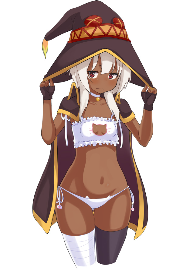 10s 1girls alternate_hair_color alternate_skin_color bandaged_leg bandages bell black_thighhighs blunt_bangs blush bra breasts cape cat_cutout cat_ear_panties cat_lingerie cleavage_cutout clothing_cutout collar collarbone cowboy_shot cropped_legs dark-skinned_female dark_skin embarrassed eyebrows female_focus fingerless_gloves gloves gluteal_fold hands_on_headwear hat hat_tug jingle_bell kemonomimi_mode kono_subarashii_sekai_ni_shukufuku_wo! megumin meme_attire mosquito_bites navel neck_bell nekomimi norakuro_nero panties petite_breasts red_eyes short_hair side-tie_panties simple_background single_thighhigh small_breasts solo stomach thick_thighs thighhighs thighs third-party_edit underwear underwear_only white_background white_bra white_hair white_panties wide_hips witch_hat young young_female young_woman