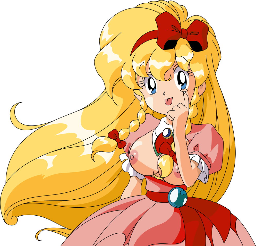 :p akanbe blonde_hair braid breasts breasts_out castlevania castlevania:_rondo_of_blood dress eyelid_pull hair_ribbon large_breasts long_hair maria_renard nipples nude_filter pink_dress puffy_sleeves red_ribbon ribbon standing third-party_edit tongue tongue_out transparent_background twin_braids