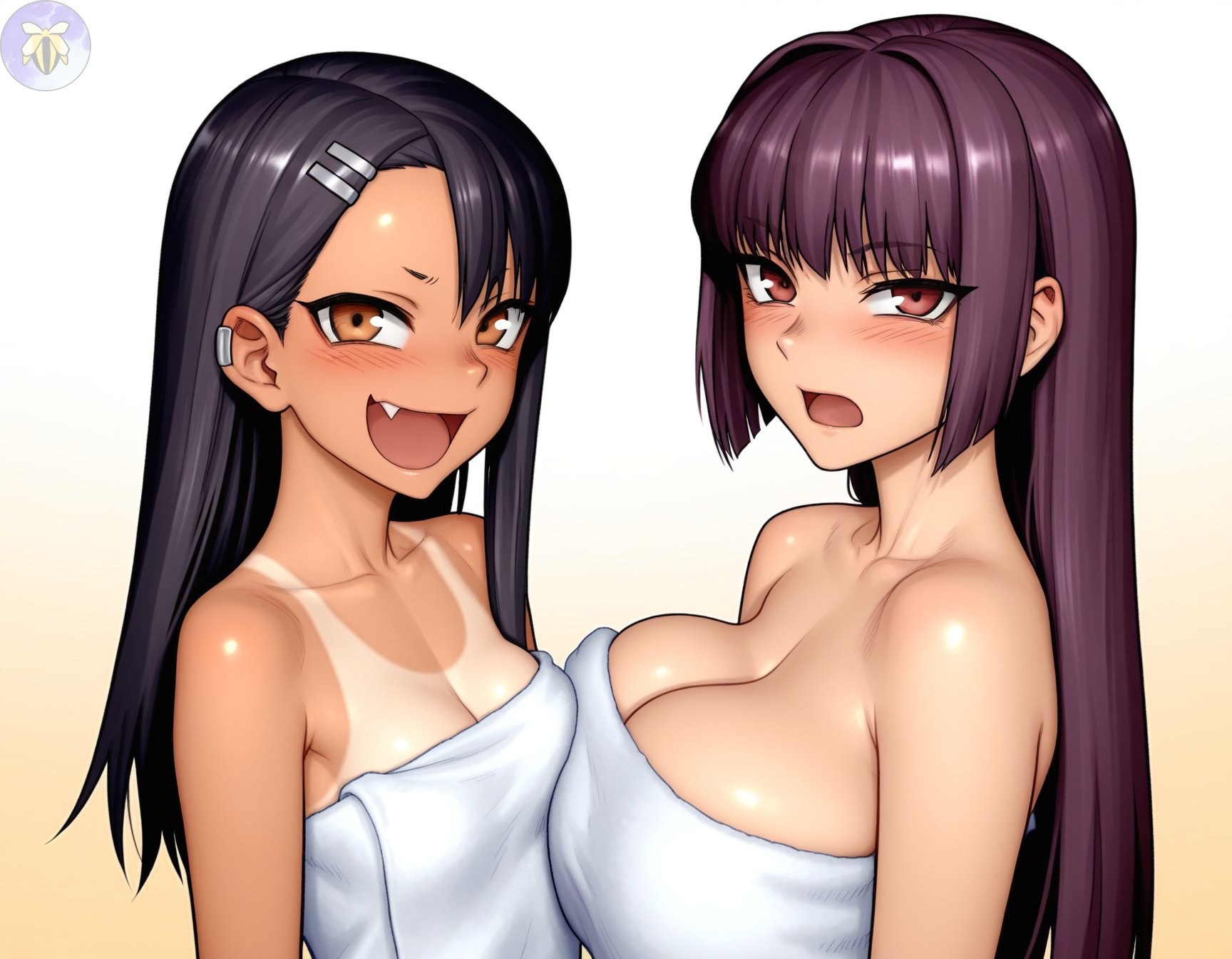 2girls, ai generated, big breasts, breasts, female, female only, hayase nagatoro, looking at viewer, moonbeecreator, multiple females, multiple girls, nude, please don't bully me, nagatoro, president (nagatoro), sana sunomiya, small breasts, solo female, towel, towel over breasts