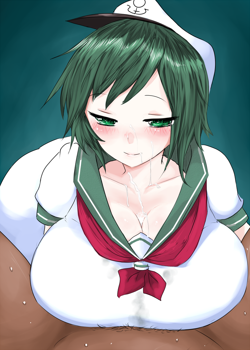 breasts cum cum_on_body cum_on_breasts cum_on_upper_body cum_under_clothes dark-skinned_male facial female green_hair han_(jackpot) huge_breasts looking_at_viewer male minamitsu_murasa paizuri paizuri_under_clothes short_hair smile solo_focus straight touhou uniform