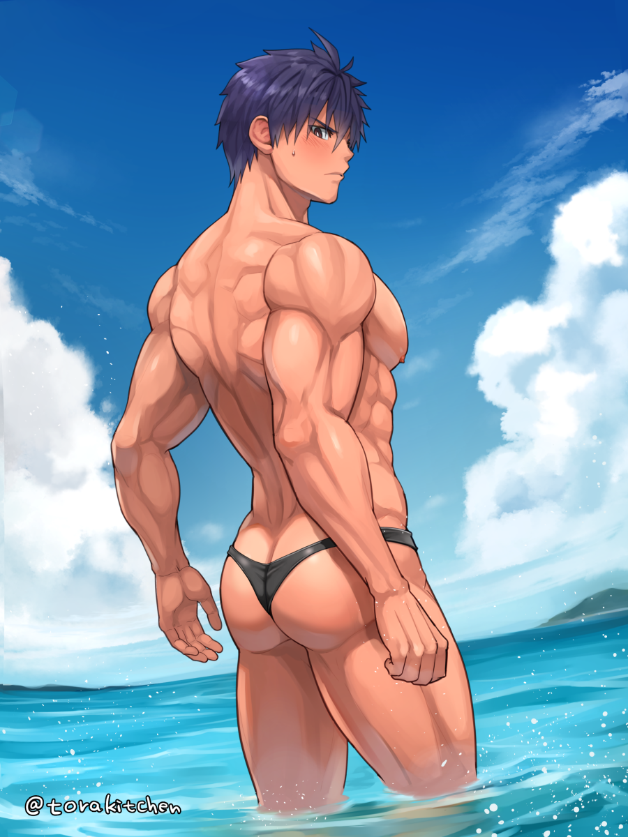 1boy abs ass ass_cleavage ass_focus back_muscles back_view beefy biceps big_ass big_breast blue_hair blush blushing_profusely brown_eyes bubble_butt cloud ebitendon embarrassed erect_nipples g-string gay hand_on_leg hi_res looking_at_viewer looking_back male male_breasts male_only manly mature_male muscles muscular muscular_arms muscular_ass muscular_back muscular_legs muscular_male muscular_thighs no_visible_genitalia oppai original original_character outdoors pecs plump_ass practically_nude sea seaside shallow_water short_hair side_view sideboob six_pack sky solo standing standing_in_water sweat sweatdrop swimsuit swimwear thick_arms thong tight_ass tight_clothing topless torakichi_(ebitendon) torakitchen triceps yaoi young