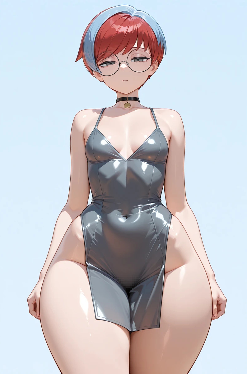 ai_generated arfx bare_thighs game_freak glasses grey_eyes huge_thighs light-skinned_female light_skin looking_at_viewer multicolored_hair nintendo penny_(pokemon) pokemon pokemon_sv short_hair small_breasts solo_female squatting sweat sweatdrop thick_body thick_female thick_thighs thighs thighs_bigger_than_head two_tone_hair voluptuous voluptuous_female