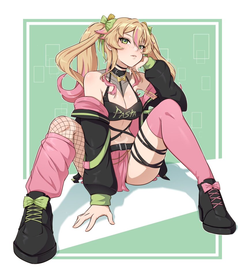 banana_bus_squad black_shoes black_sweatshirt blonde_hair blonde_hair breasts chocker collar fishnet fishnet_legwear green_bow green_eyes looking_at_viewer looking_down loose_clothes pasta pastaroniravioli pink_clothing pink_highlights pink_socks sitting_down sitting_on_floor spread_legs tagme the_vanoss_crew twintails vanoss_crew vtuber vtuberfanart youtube youtuber