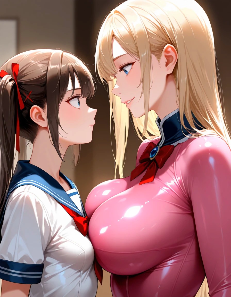 2girls ai_generated big_breasts black_hair blonde_hair latex_suit long_hair sailor_uniform small_breasts tilcox33 twintails