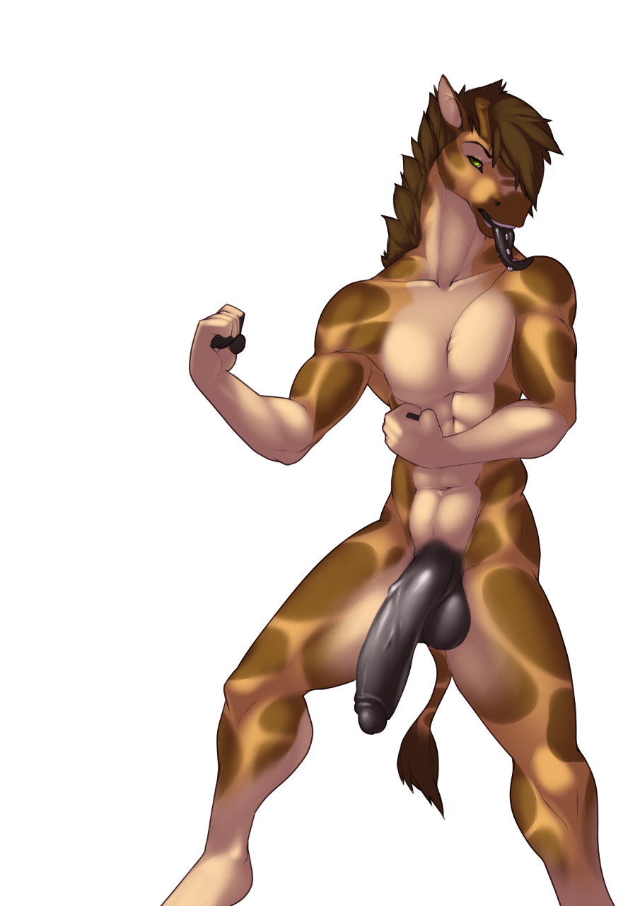 1boy abs anthro balls big_penis black_penis brown_fur brown_hair brown_nose fenix-fox fur giraffe gradient_background green_eyes hair lance_(fenix-fox) looking_at_viewer lost-paw male male_only mammal mane markings midriff muscular nude penis piercing pinup pose simple_background solo solo_male spots standing tongue tongue_piercing