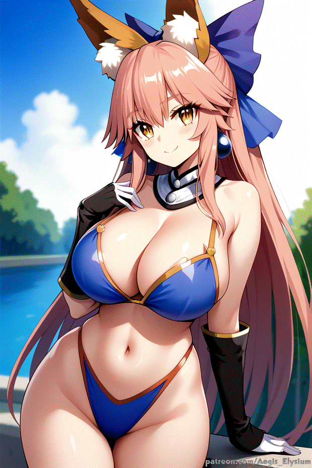 1girls aegis_elysium ai_art ai_generated bikini bikini_top blue_bikini blush blushing_at_viewer breasts bridge brown_eyes bush cape cleavage cloud clouds day earrings elbow_gloves fate/grand_order fate_(series) female_focus gem gloves hair_ornament headpiece highleg highleg_leotard highres huge_breasts jewelry lagoon large_breasts leotard long_hair looking_at_viewer navel outdoors patreon patreon_username pink_hair sky solo solo_focus standing tamamo_(fate) tamamo_no_mae_(fate) tamamo_no_mae_(swimsuit_lancer) thick_breasts thick_thighs thighs tiara tree trees turtleneck_leotard type-moon vegetation very_long_hair wall water