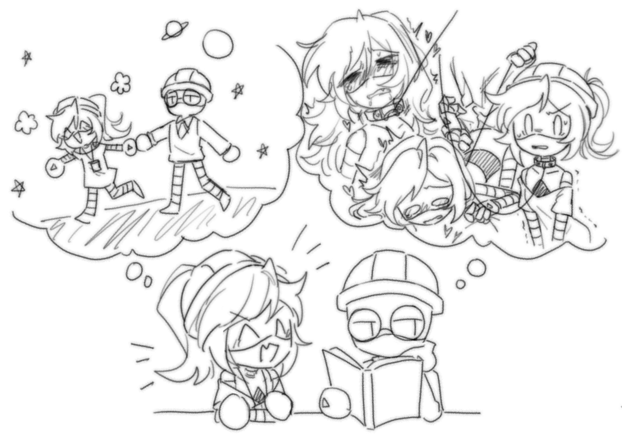 1boy, 1girls, alice (murder drones), arms behind back, blushing female, bondage, clothed, clothing, dominant male, female, glasses, glitch productions, heart, imagination, imagining, innocent, leash, leash and collar, male, male/female, murder drones, planet, ponytail, reading, reading book, robot, robot boy, robot girl, robot humanoid, stars, submissive female, teacher (murder drones), waitaminutehoru, wholesome