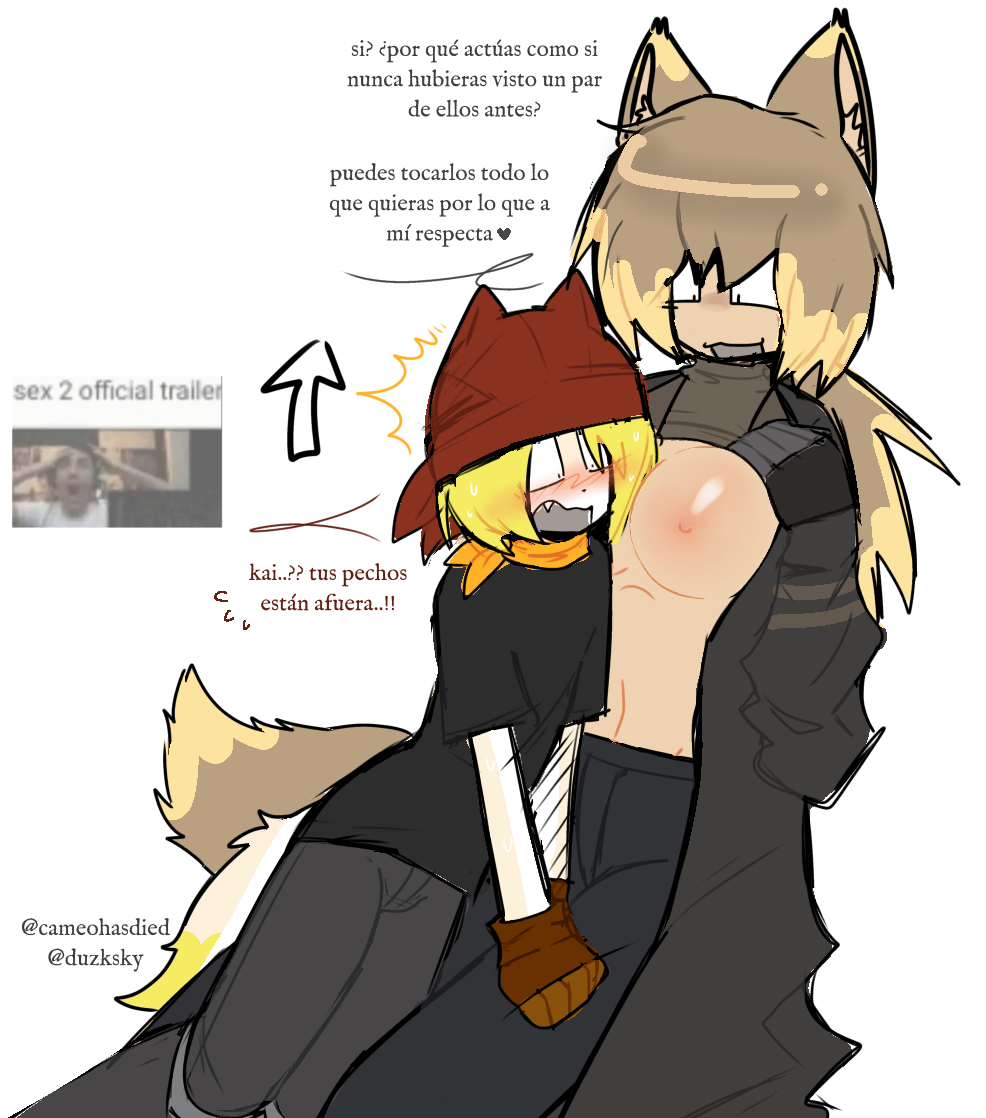 adult_on_young age_difference alternate_species animal_humanoid anthro areola big_breasts blonde_hair blush breasts brother_(lore) brothers_(lore) brown_hair bulge cameohasdied canid canid_humanoid canine canine_humanoid clothed clothing clothing_lift countershading cub cute_fangs dialogue dipstick_ears dipstick_tail duo ear_markings exposure_to_minor fangs female fox fox_humanoid fur furrification glistening glistening_body glistening_breasts glistening_skin hair hat headgear headwear herm_(lore) humanoid humanoid_on_anthro kai_(cameohasdied) karma_(ill825) looking_at_breasts male male/female mammal mammal_humanoid markings multicolored_ears multicolored_hair navel nipples open_:3 open_mouth open_smile ponytail red_clothing red_headgear red_headwear shocked sibling_(lore) size_difference smile spanish_text tail tail_markings tan_body tan_fur teeth text two_tone_hair young young_anthro young_male