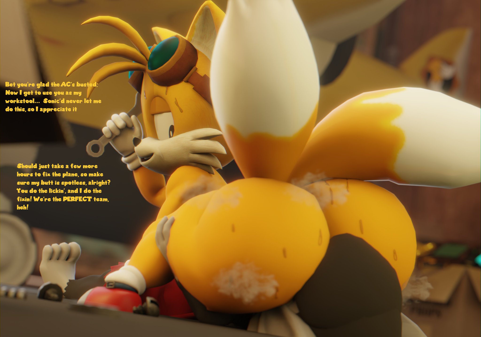 2 tails, 2boys, 3d, 3d (artwork), ass, ass focus, black fur, detailed background, doommusk, eating ass, facesitting, fox, furry, gay, goggles, goggles on head, hand on thigh, haplorhine, holding object, indoors, laying on floor, lire (doommusk), looking back, looking down at partner, male, mammal, monkey, orange fur, primate, rear view, red pants, red shoes, sitting on another, sonic (series), sweat, sweaty butt, tails the fox, text, thick thighs, two-tone fur, white fur, white gloves, white socks