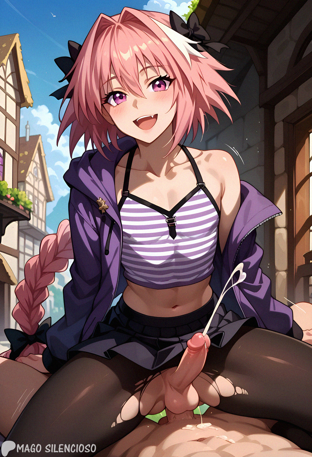 ai_generated anal_sex anal_sex astolfo_(fate) cowgirl_position ejaculation_while_penetrated femboy flat_chest happy leaking_penis magosilencioso otoko_no_ko outdoor_sex pantyhose semen sissy trap