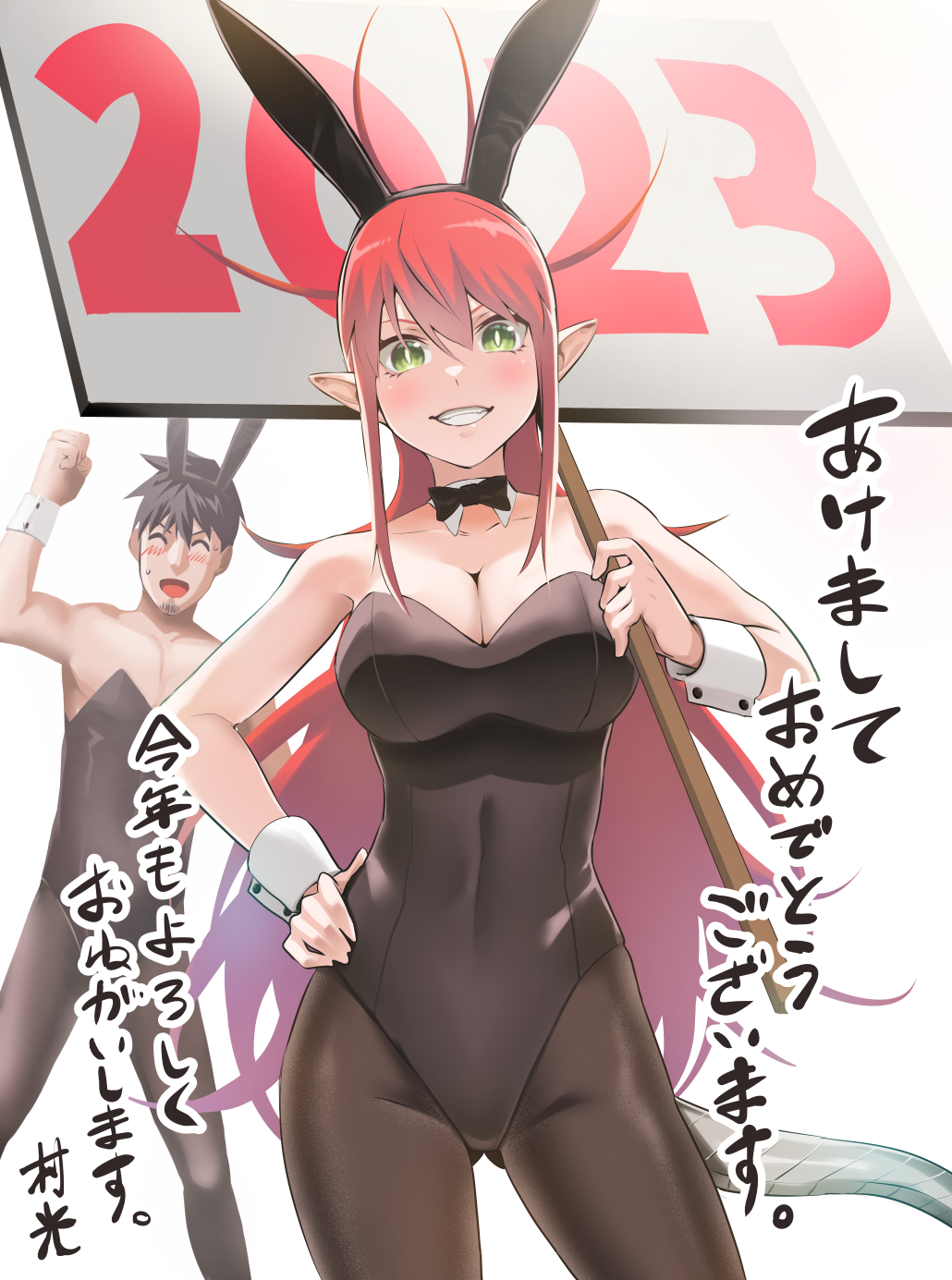 1boy 1girls 2023 bow bowtie breasts green_eyes hand_on_own_hip large_breasts leotard long_hair official_art playboy_bunny pointy_ears rabbit_ears red_hair salaryman_ga_isekai_ni_ittara_shitennou_ni_natta_hanashi sign tail uchimura_dennosuke ulmandra