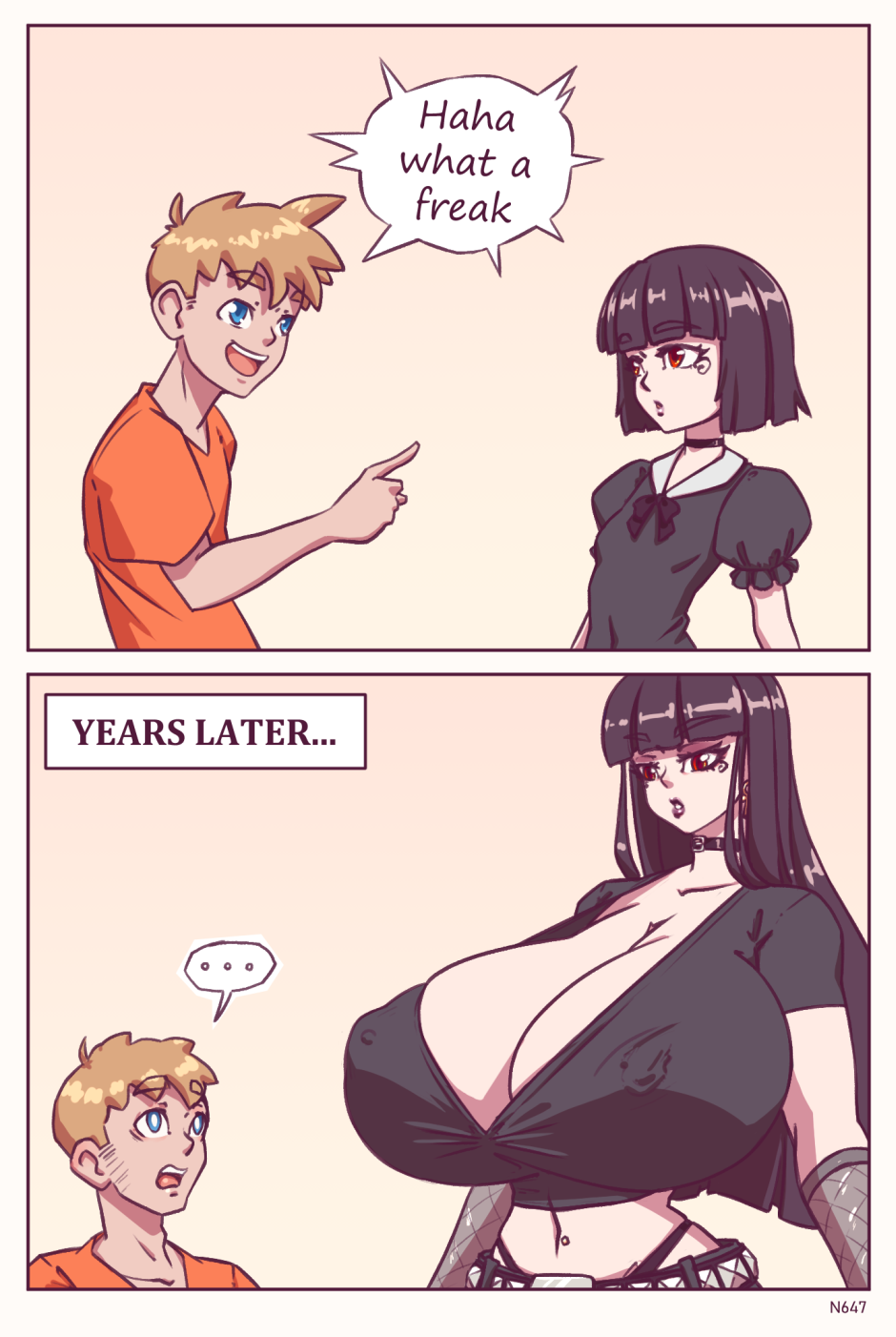 1boy 1girls 2koma before_and_after black_hair breast_expansion choker cleavage duo female giantess goth goth_girl growth huge_breasts male meme mini_giantess n647 nipple_bulge original original_character size_difference