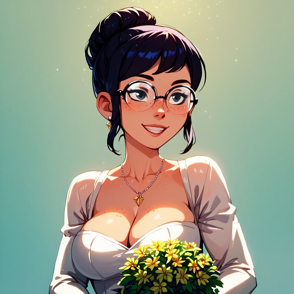 1girls ai_generated bouquet bouquet_of_flowers breasts breasts carmen_sandiego_(2019) carmen_sandiego_(franchise) clothing dress female female female_focus female_only flowers glasses hair_bun holding holding_object julia_argent julia_argent_(carmen_sandiego) short_hair solo solo_female solo_focus wedding_attire wedding_dress white_dress zupern0va_(manipper)