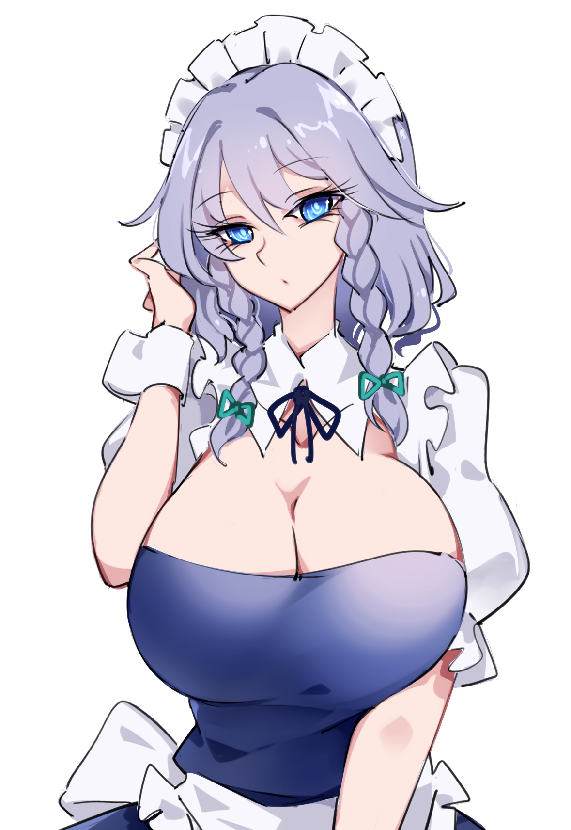 1girls, big breasts, blue eyes, breasts, clothed female, female, grey hair, light skin, light-skinned female, maid, raptor7, sakuya izayoi, silver hair, solo, solo female, touhou, white background