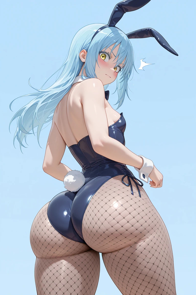 ai_generated arfx back_view bare_thighs big_ass big_butt blue_hair blush bunny_ears bunny_girl bunnysuit fat_ass gigantic_ass huge_thighs light-skinned_female light_skin long_hair looking_back massive_ass rabbit_ears rabbit_tail rimuru_tempest small_breasts solo_female squatting sweat sweatdrop tensei_shitara_slime_datta_ken thick_body thick_female thick_thighs thighs thighs_bigger_than_head voluptuous voluptuous_female yellow_eyes