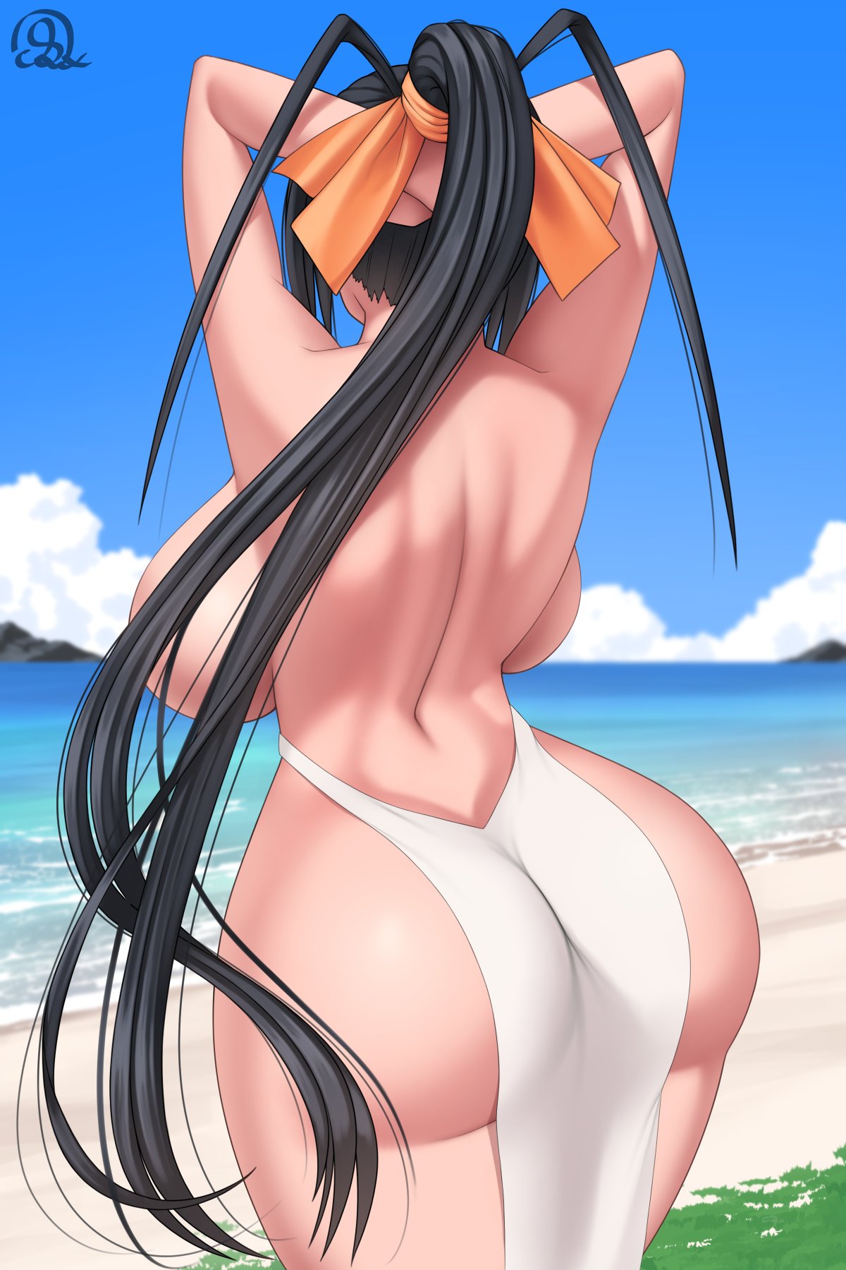 1girls akeno_himejima ass ass_focus beach breasts female female_focus female_only high_school_dxd large_ass large_breasts light-skinned_female light_skin long_hair looking_away rocky-ace solo thighs