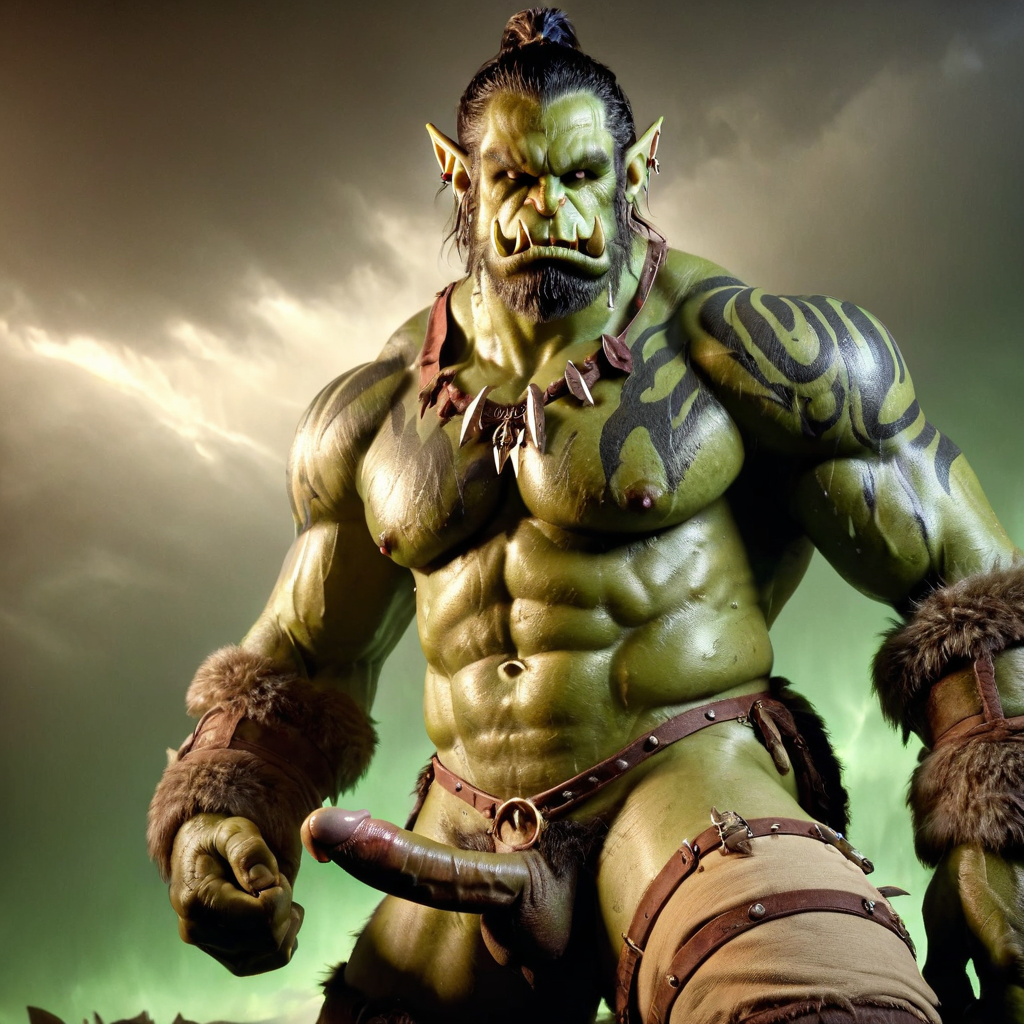 bara big_muscle big_penis erection green_skin huge_cock ia_generated male muscular_male orc orc_male orced penis solo_male