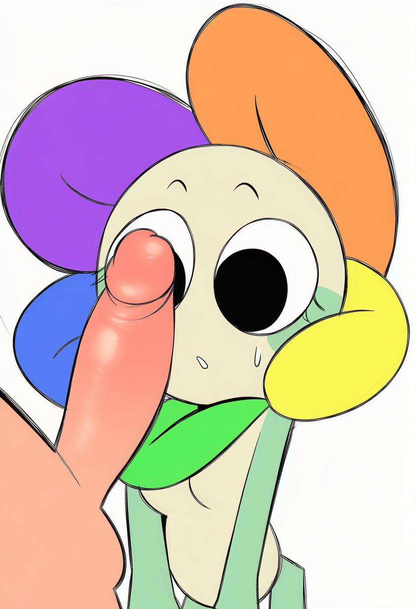 ai, ai generated, anthro, breasts, dandy (dandy's world), dandy's world, genderswap, genderswap (mtf), looking at penis, missing accessory, no nipples, novelai, solo female