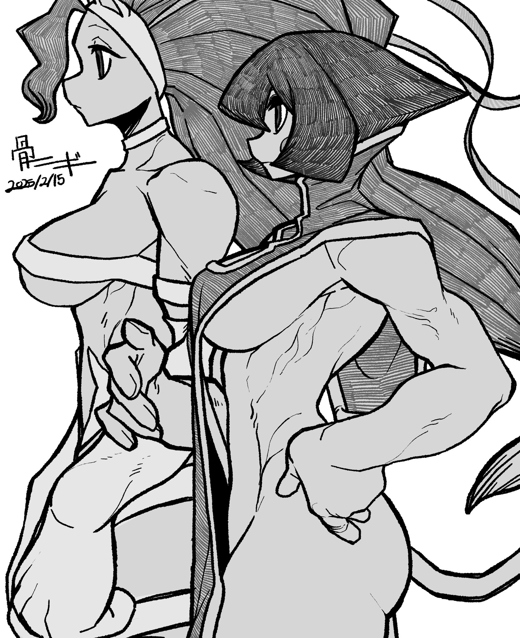 2girls, anthro, bone nigi, breasts, capcom, cat girl, catgirl, darkstalkers, felicia (darkstalkers), female, hsien ko, jiangshi, lei lei, lei-lei, muscular, muscular female, side view, sideboob