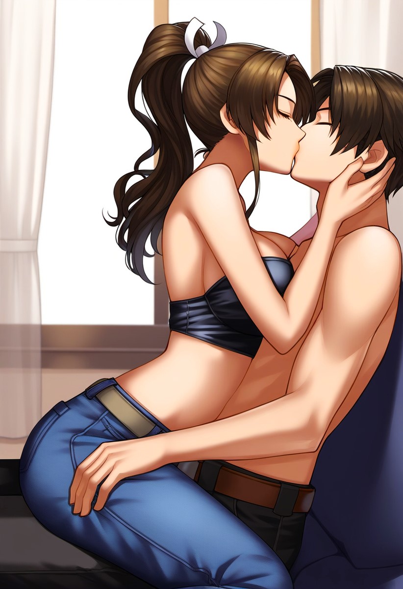 1boy1girl ai_generated attractive babe beautiful beautiful_females bed belt breast_press brown_hair couple curtains day fantasy fatal_fury female female_on_top fighter fighting_game hair_tie hands_on_cheeks handsome happy_valentine high_school high_school_student imminent_sex japanese jeans jnbu king_of_fighters kissing kunoichi kyo_kiss_mai kyo_kusanagi large_breasts mai_shiranui midriff netorare novelai ntr reverse_netorare romantic sexy snk snk_heroines:_tag_team_frenzy straddling straight topless_male video_game_character video_game_franchise voluptuous_female window young