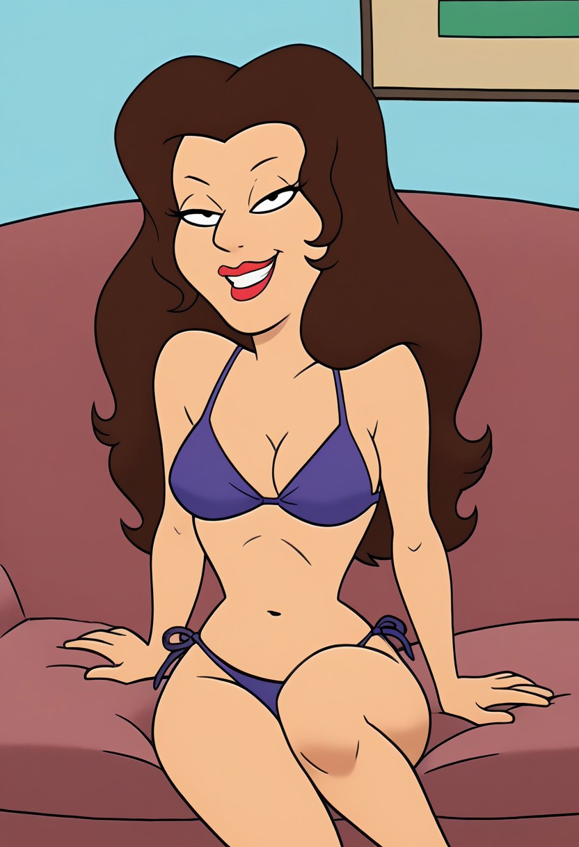 2025 ai_generated bikini blue_bikini brown_hair d3rmal dr._amanda_rebecca family_guy house indoors long_hair normal_breasts simple_background sitting sitting_on_couch smile smiling_at_viewer tagme