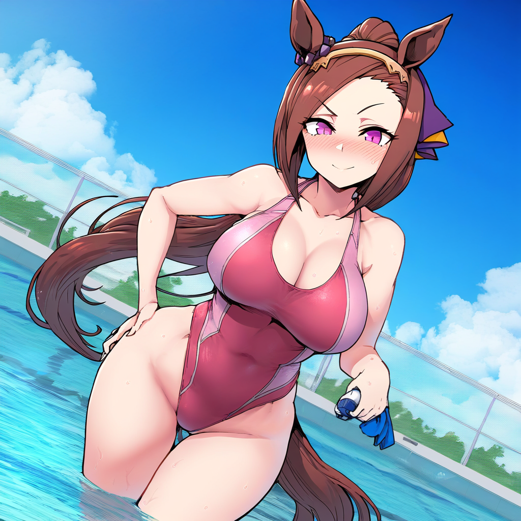 ai_generated animal_ears brown_hair female hair_accessory hairband horse_girl ponytail pool purple_eyes sakura_bakushin_o_(umamusume) swimsuit umamusume umamusume_pretty_derby