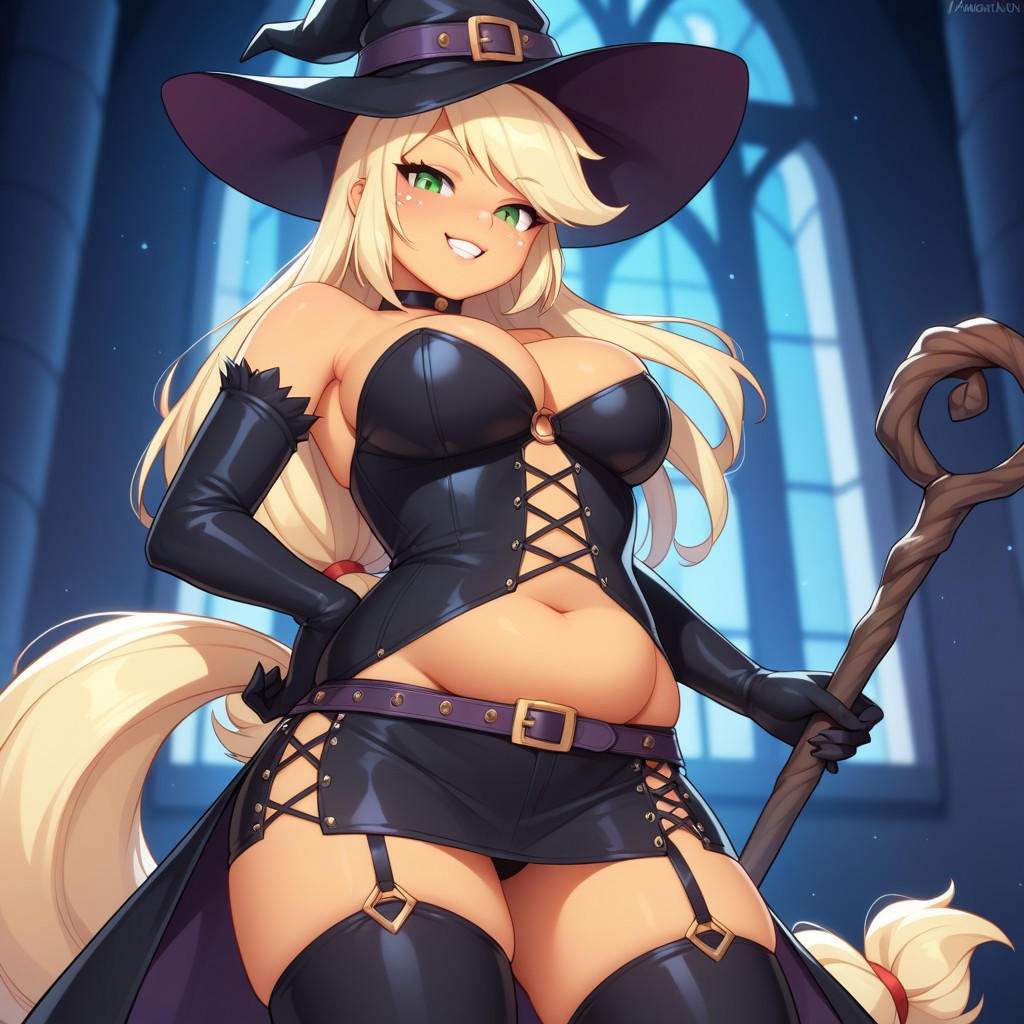 ai_generated applejack_(mlp) large_breasts miniskirt my_little_pony staff witch_hat