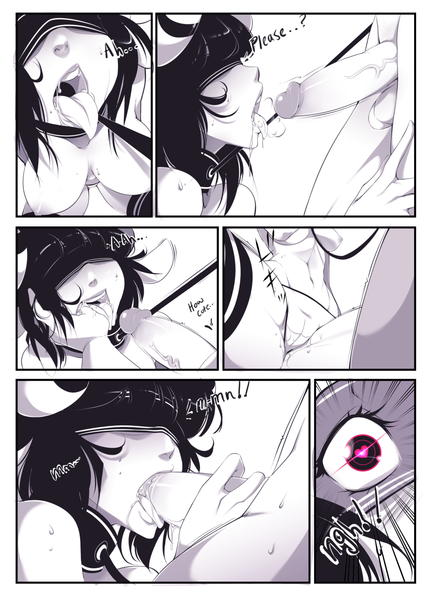 animal_ears black_hair blindfold breasts collar cum cum_in_mouth doujinshi english_text fellatio female heart heart-shaped_pupils highres horns leash monochrome nipples oral original penis sheep_ears sheep_girl sheep_horns stickysheep symbol-shaped_pupils text uncensored