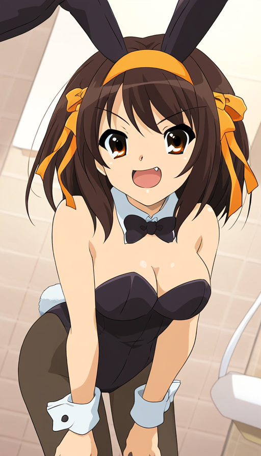 animal_ears anime_coloring black_leotard bow bowtie breasts brown_eyes brown_hair cleavage enchantedtee female hairband leotard medium_hair novelai oerba_yun_fang official_alternate_costume official_style pantyhose playboy_bunny rabbit_ears solo strapless strapless_leotard suzumiya_haruhi suzumiya_haruhi_no_yuuutsu tail toilet wrist_cuffs