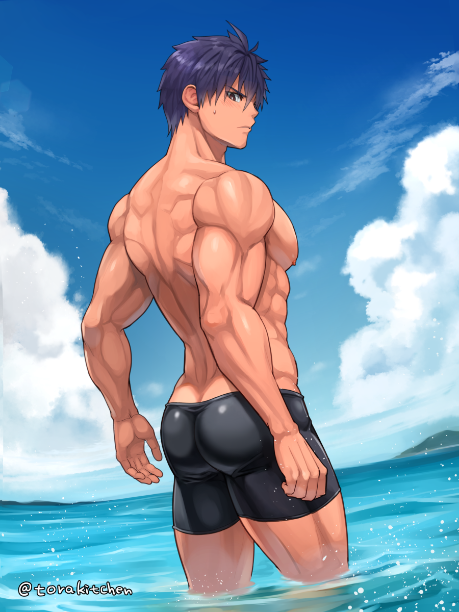 1boy abs ass ass_cleavage ass_focus back_muscles back_view beefy biceps big_ass big_breast blue_hair blush brown_eyes bubble_butt cloud ebitendon embarrassed erect_nipples gay hand_on_leg hi_res looking_at_viewer looking_back male male_breasts male_only manly mature_male muscles muscular muscular_arms muscular_ass muscular_back muscular_legs muscular_male muscular_thighs no_visible_genitalia oppai original original_character outdoors pecs plump_ass sea seaside shallow_water short_hair shorts side_view sideboob six_pack sky solo standing standing_in_water sweat sweatdrop swimming_trunks swimsuit swimwear thick_arms tight_ass tight_clothing topless torakichi_(ebitendon) torakitchen triceps yaoi young