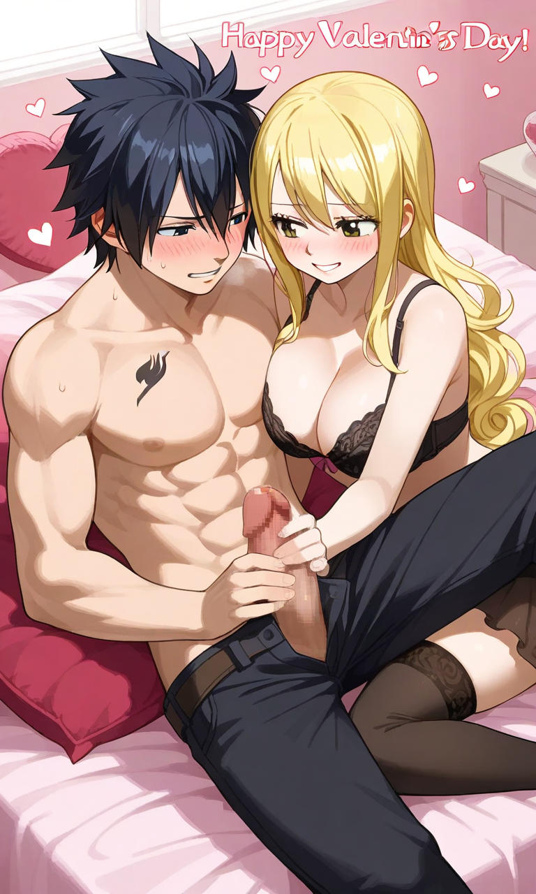 ai_generated black_bra black_hair black_lingerie_panties black_thighhighs blonde_hair curly_hair erection fairy_tail gray_fullbuster handjob heart huge_breasts imminent_sex long_hair lucy_heartfilia pants penis_out pixai topless_male