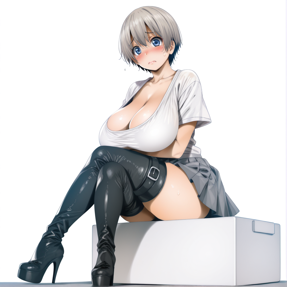 ai_generated blouse blue_eyes blush chantum crossed_legs high_heels hyper_breasts legs_crossed miniskirt nervous short_hair silver_hair sitting thick_thighs thigh_boots uzaki_hana voluptuous worried